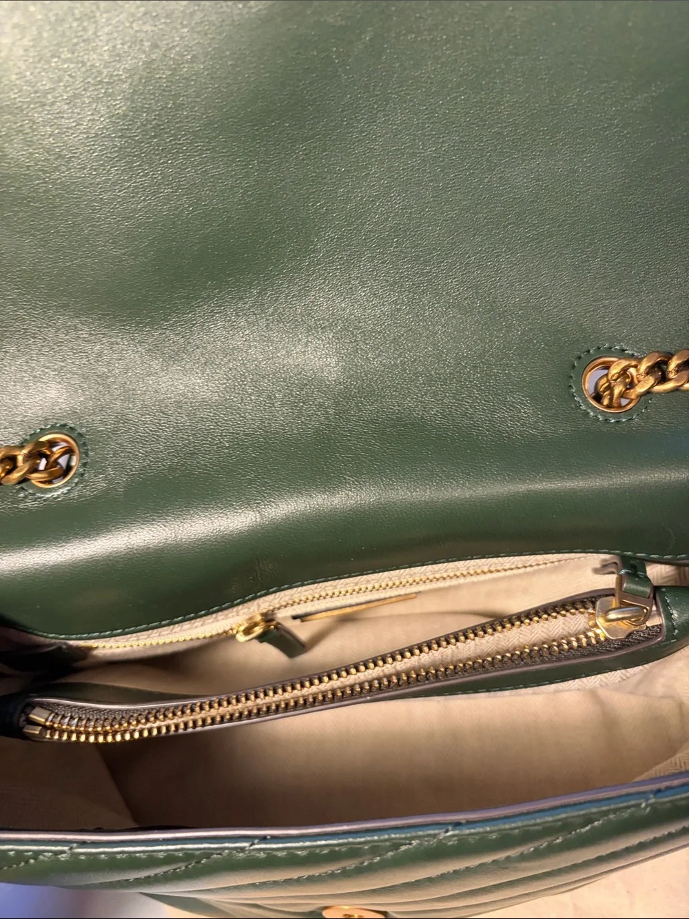 Tory Burch Kira Chevron Convertible Shoulder Bag Green Leather Gold Chain
